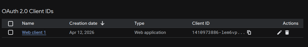 OAuth client list showing the newly created web client