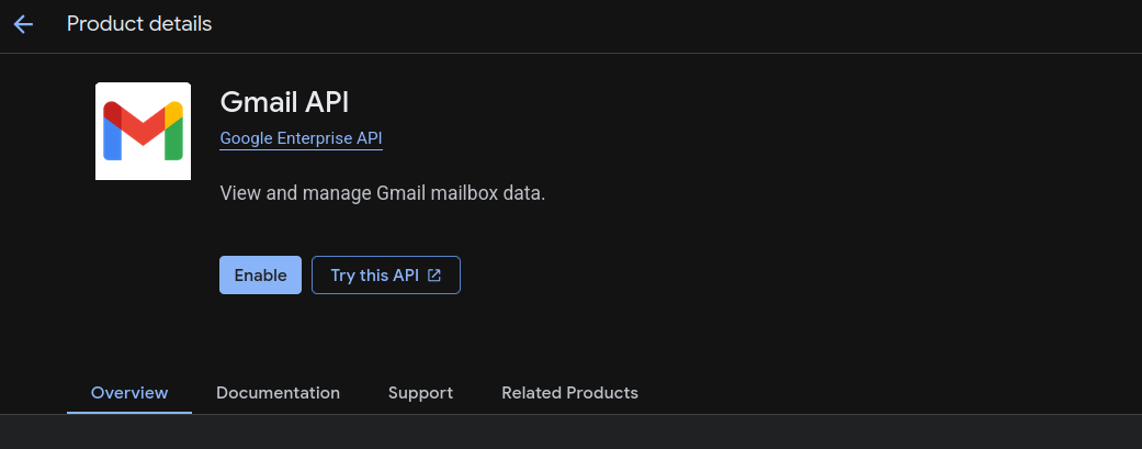 Gmail API page in Google Cloud