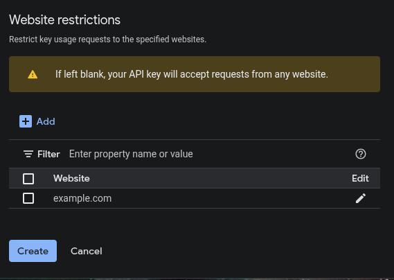 Website restrictions area for a Google API key