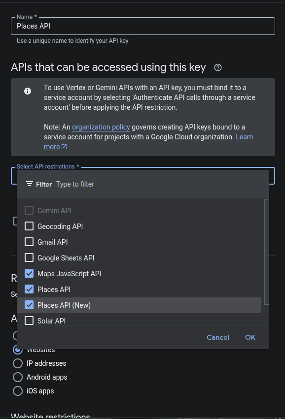API key restriction screen showing Maps JavaScript API, Places API, Places API New, and Solar API