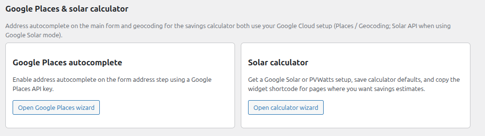 Google Places and solar calculator section in the wizard
