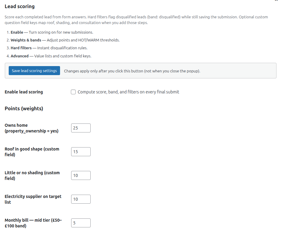 Lead scoring weightings configuration screen