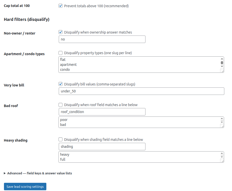 Lead disqualifier settings in filter wizard